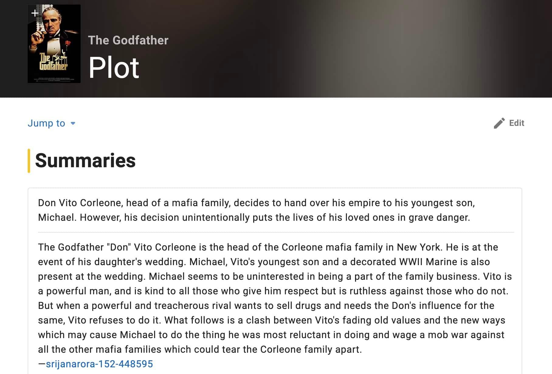 Plot subpage for The Godfather